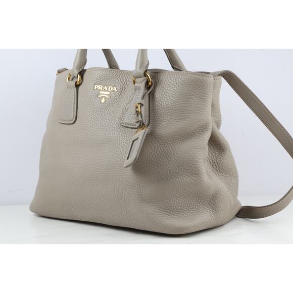 PRADA Vitello Daino Tote Taupe Gray Pebbled Grained Leather Shoulder Strap Bag - Picture 12 of 16